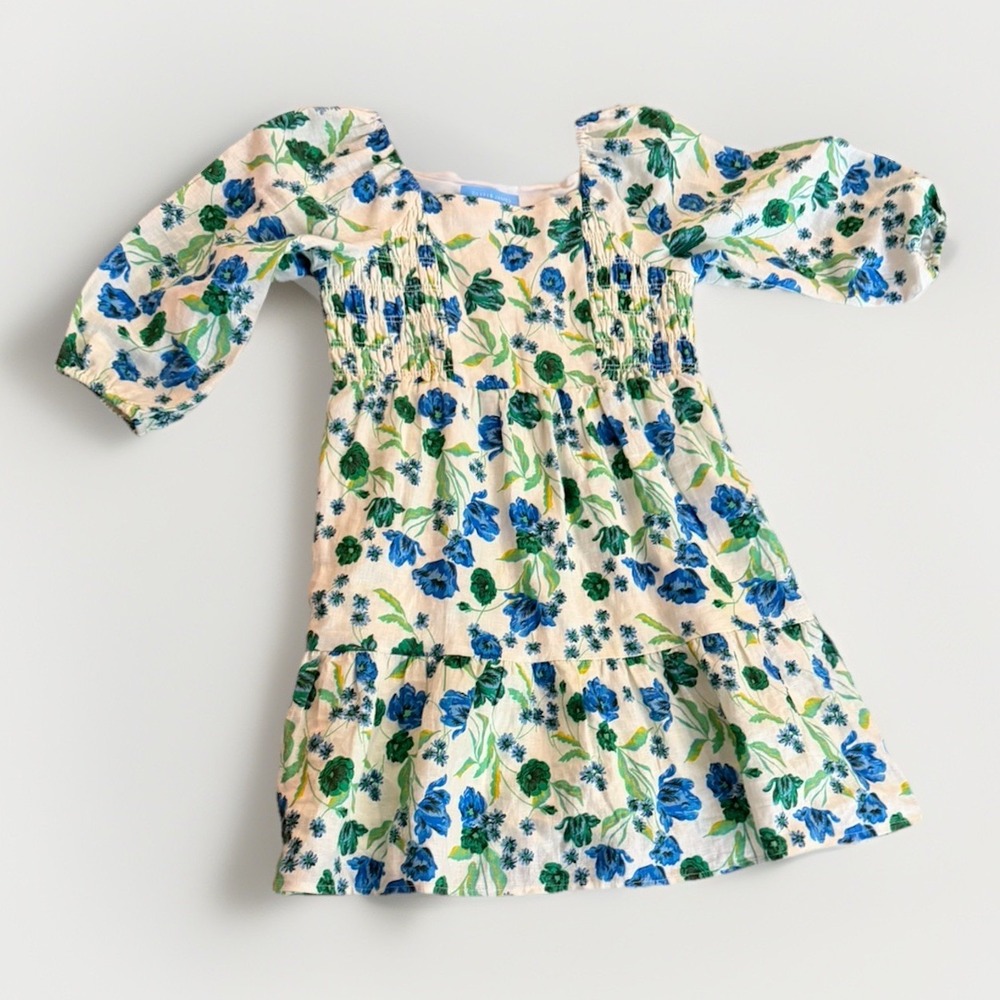Draper James Girls Large Linen Floral Dress Puff Sleeve Blue Green